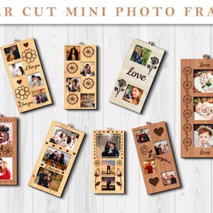 May include: Laser cut mini photo frames in various designs. The frames are made of light brown wood and feature spaces for multiple photos. Some frames have floral or heart cutouts, and some include the word "love".