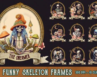 May include: Digital art print featuring a skeleton with blue hair and an orange hat, surrounded by mushrooms and butterflies, within an ornate gold frame. The banner reads "The Dreamer". Additional frames with skeletons are also shown.