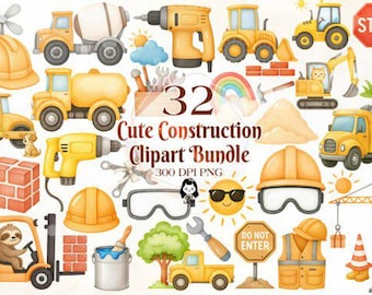 Watercolor Construction Clipart Bundle: Hand-Painted Digger Trucks (PNG Digital Download