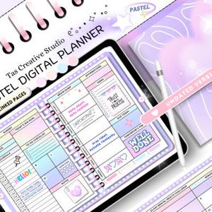 May include: A pastel digital planner by Tas Creative Studio. The planner has a spiral binding and includes sections for daily tasks, affirmations, and notes. The design incorporates soft colours and the text "PASTEL DIGITAL PLANNER" is visible.
