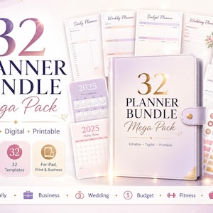 32 Planner Bundle Mega Pack | Digital Planner Templates | Canva, KDP, Excel, GoodNotes, iPad Planner | Teacher, Budget, Wedding, Fitness
