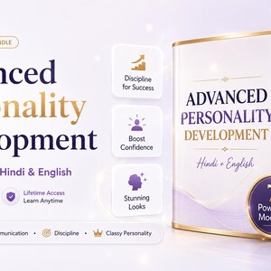 May include: A digital course bundle titled Advanced Personality Development in Hindi and English. The white and gold box features seven modules, icons for discipline, confidence, and communication, and text highlighting lifetime access and digital download.