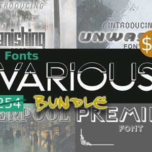 May include: A graphic promoting a font bundle. The image features the text "VARIOUS BUNDLE" with the words "23 Fonts" and the crossed-out price of $254. Other fonts are also advertised, including "Vanishing" and "Unwashed."