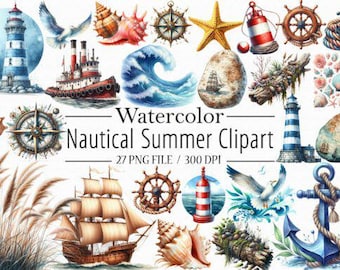 Watercolor Nautical Clipart Bundle: Summer Beach Designs (PNG Digital Download