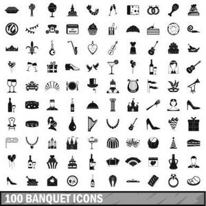 May include: A collection of 100 black and white banquet icons, including food, drinks, musical instruments, and celebratory items. The text "100 BANQUET ICONS" is displayed at the bottom of the image.