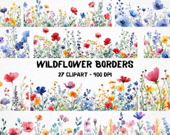 Watercolor Wildflower Borders Clipart Bundle: Floral PNG Files (Digital Download)