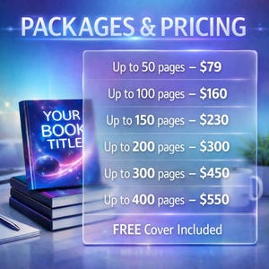 K&ouml;nnte beinhalten: Bild mit "PACKAGES & PRICING" und Preisoptionen f&uuml;r das Buchpublishing. Ein Stapel B&uuml;cher mit einem Weltraum-Cover ist zu sehen. Die Preisstufen reichen von bis zu 50 Seiten bis zu 400 Seiten, mit einem kostenlosen Cover.
