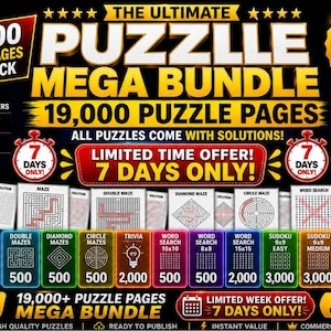Op de afbeelding: Een digitale productadvertentie voor een mega-bundel met 19.000 puzzelpagina's. De zwarte achtergrond bevat gouden tekst, waaronder "THE ULTIMATE PUZZLE MEGA BUNDLE", "19,000 PUZZLE PAGES" en "LIMITED TIME OFFER! 7 DAYS ONLY!" met diverse puzzelpictogrammen.