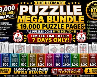 May include: A digital product advertisement for a 19,000 puzzle page mega bundle. The black background features gold text, including "THE ULTIMATE PUZZLE MEGA BUNDLE," "19,000 PUZZLE PAGES," and "LIMITED TIME OFFER! 7 DAYS ONLY!" with various puzzle icons.
