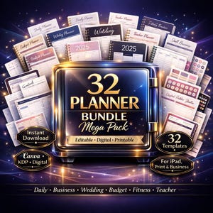 Può includere: Un pacchetto di planner digitali con 32 modelli. L'immagine presenta vari tipi di planner, tra cui planner giornalieri, per matrimoni e per budget. Il testo sull'immagine recita "32 Planner Bundle Mega Pack" e "Download istantaneo".