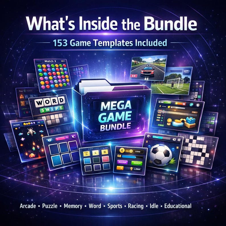 May include: A digital product display titled What's Inside the Bundle featuring 153 Game Templates Included. A central folder icon labelled Mega Game Bundle is surrounded by various game interface screenshots including match-3, word, sports, and racing games.