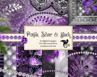 Purple Silver Black Scrapbooking Kit: Glam Lace, Diamonds, Florals (Digital Download)