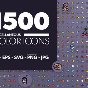 Könnte beinhalten: Ein digitales Grafikdesign-Produkt mit 1500 verschiedenen Farbsymbolen. Das Bild enthält einen dunkelvioletten Hintergrund mit dem Text "1500 MISCELLANEOUS COLOR ICONS" in Weiß. Das Produkt ist in den Formaten .AI, .EPS, .SVG, .PNG und .JPG erhältlich.