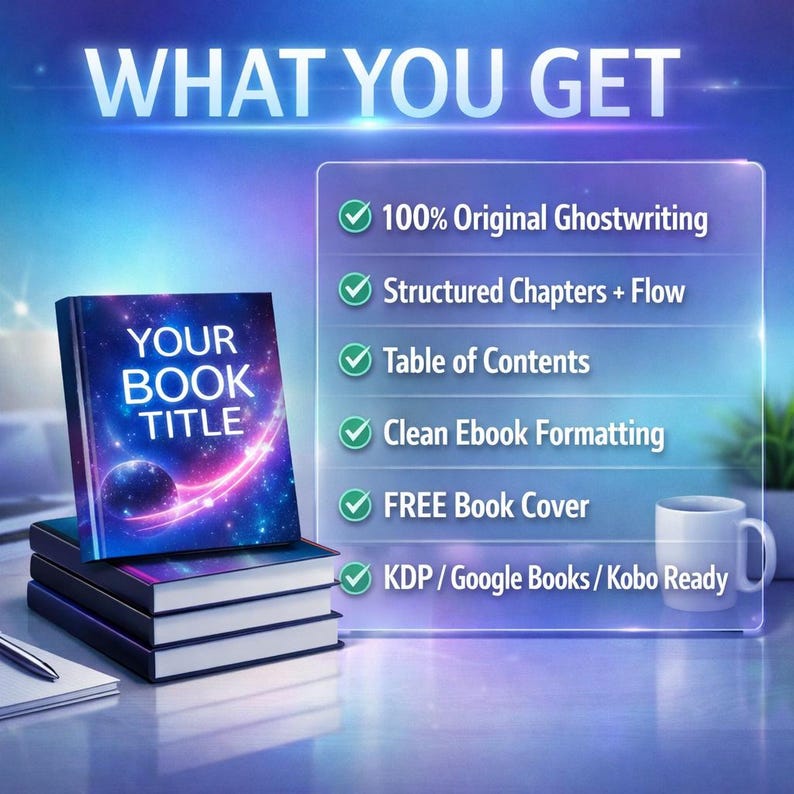 K&ouml;nnte beinhalten: Werbung f&uuml;r Ghostwriting-Dienstleistungen. Das Bild zeigt einen Stapel B&uuml;cher mit einem Weltraum-Cover, mit dem Text "YOUR BOOK TITLE". Das Bild listet Funktionen wie originales Ghostwriting, strukturierte Kapitel, Inhaltsverzeichnis, E-Book-Formatierung und ein kostenloses Buchcover auf.