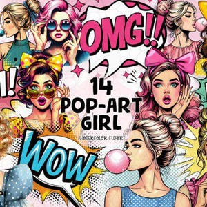 Pop Art Girl Clipart Bundle: Retro Comic Style PNG Graphics (Digital Download