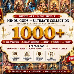Può includere: Una collezione digitale di oltre 1000 opere d'arte di divinità indù intitolata Divine Art Mega Bundle Hindu Gods Ultimate Collection. La grafica presenta testo dorato, bordi decorati e una griglia di varie illustrazioni colorate.