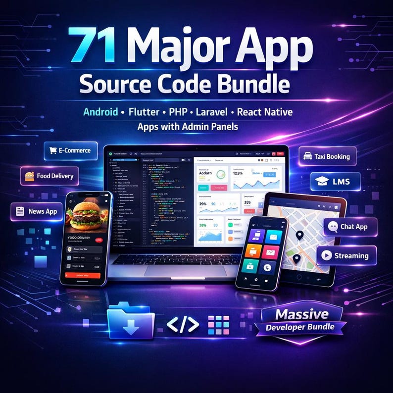 K&ouml;nnte beinhalten: Digitales Grafikdesign, das ein "71 Major App Source Code Bundle" bewirbt. Das Bild zeigt einen Laptop, zwei Smartphones und ein Tablet mit App-Oberfl&auml;chen. Der Text hebt Android, Flutter, PHP, Laravel und React Native hervor. Symbole stehen f&uuml;r E-Commerce, Essenslieferung und Nachrichten-Apps.