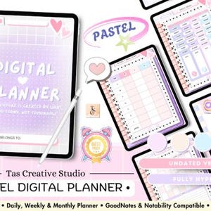 May include: A digital planner with a pastel color scheme. The main image displays a tablet with the words "DIGITAL PLANNER" and the text "YOUR FUTURE IS CREATED BY WHAT YOU DO TODAY, NOT TOMORROW." Other images show weekly and monthly planning pages.