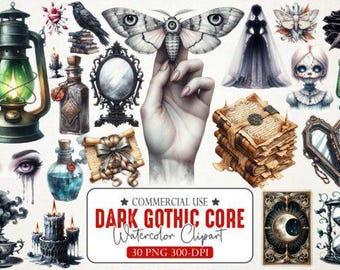 Dark Gothic Watercolor Clipart Bundle: Grunge PNG Designs (Digital Download