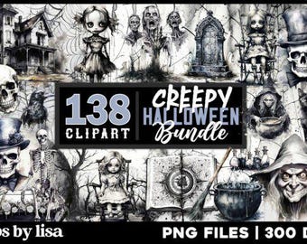 Könnte beinhalten: Ein digitales Kunstpaket mit 138 gruseligen Halloween-Clipart-Bildern. Die Schwarz-Weiß-Illustrationen umfassen Schädel, Spukhäuser, Hexen und andere gruselige Elemente. Der Text "Creepy Halloween Bundle" ist prominent dargestellt.