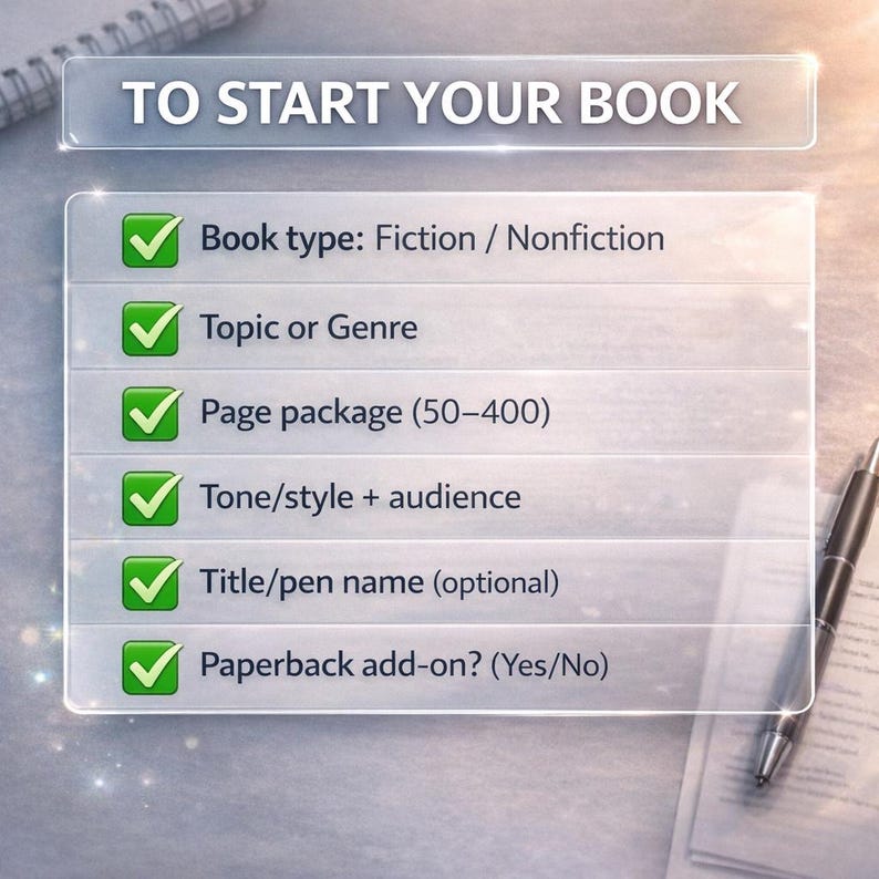 K&ouml;nnte beinhalten: Eine Grafik mit dem Text "TO START YOUR BOOK" und einer Checkliste. Die Checkliste umfasst: Buchtyp, Thema oder Genre, Seitenpaket (50-400), Ton/Stil + Zielgruppe, Titel/Pseudonym und Taschenbuch-Add-on. Ein Stift und Papier befinden sich im Hintergrund.