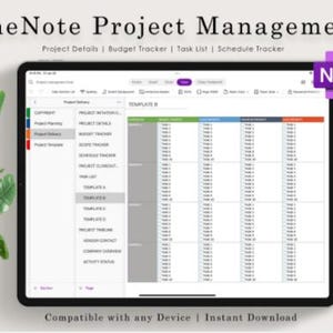 Peut inclure: Une tablette numérique affichant un modèle de gestion de projet OneNote. L'écran montre les détails du projet, un suivi budgétaire, une liste de tâches et un suivi des horaires. Le texte "Compatible avec n'importe quel appareil | Téléchargement instantané".