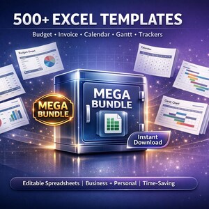 Op de afbeelding: Een digitaal productpakket met een centraal blauw kluisicoon met het label MEGA BUNDLE, omringd door zwevende Excel-sjabloondocumenten waaronder budgetten, facturen, kalenders en Gantt-grafieken tegen een paarse achtergrond met 500+ EXCEL TEMPLATES.