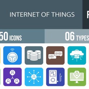 May include: An infographic with the text "INTERNET OF THINGS" and "FILLED". It displays 50 icons and 6 types. The icons are in colorful squares, representing various aspects of the Internet of Things.