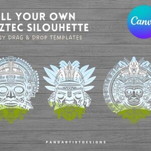 Op de afbeelding: Drie Azteekse silhouetontwerpen in wit en lichtblauw met groene accenten, tegen een grijze houtnerf achtergrond. De tekst "FILL YOUR OWN AZTEC SILOUHETTE" en "EASY DRAG & DROP TEMPLATES" staan bovenaan. Een Canva-logo staat rechtsboven.