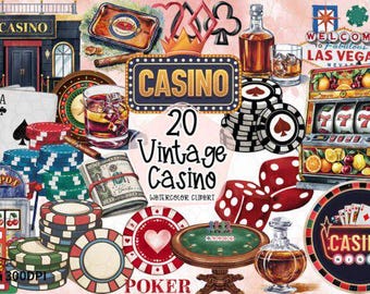 Vintage Casino Clipart PNG Bundle: Retro Gambling Graphics (Digital Download