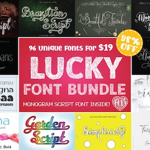 Puede incluir: Un gráfico que muestra un paquete de fuentes con varios estilos de fuente. El texto central dice "LUCKY FONT BUNDLE" con "96 Unique Fonts" y una etiqueta "98% OFF". Otras fuentes incluyen "Nostar Script" y "Brazilian Script".