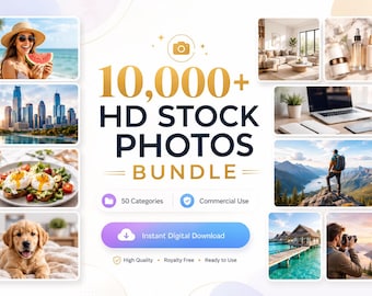 May include: A digital bundle of 10,000+ HD stock photos featuring 50 categories for commercial use. The graphic includes text reading 10,000+ HD STOCK PHOTOS BUNDLE, Instant Digital Download, High Quality, Royalty Free, and Ready to Use.