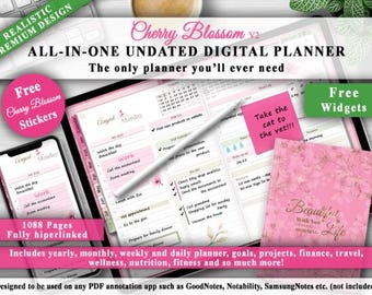 Cherry Blossom Digital Planner, Undated, Hyperlinked (PDF Download)