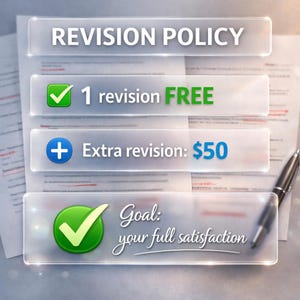 K&ouml;nnte beinhalten: Grafik zur &Uuml;berarbeitungsrichtlinie mit Text auf transparenten Tafeln. Der Text lautet "REVISION POLICY", "1 &Uuml;berarbeitung KOSTENLOS", "Zus&auml;tzliche &Uuml;berarbeitung: $50" und "Ziel: Ihre volle Zufriedenheit". Ein Stift liegt auf dem Dokument.