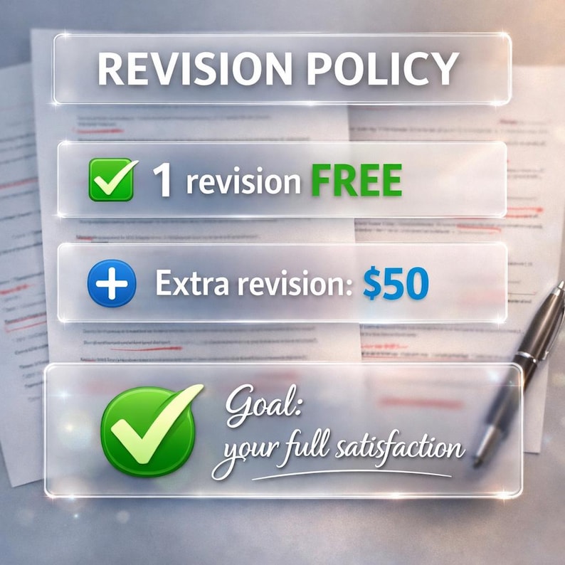 K&ouml;nnte beinhalten: Grafik zur &Uuml;berarbeitungsrichtlinie mit Text auf transparenten Tafeln. Der Text lautet "REVISION POLICY", "1 &Uuml;berarbeitung KOSTENLOS", "Zus&auml;tzliche &Uuml;berarbeitung: $50" und "Ziel: Ihre volle Zufriedenheit". Ein Stift liegt auf dem Dokument.