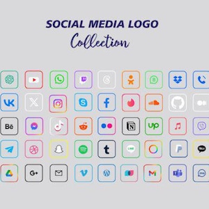 May include: A collection of social media logo icons in a grid layout. Each icon is square with a colored logo on a white background, outlined in a matching color. The text "SOCIAL MEDIA LOGO Collection" is at the top.