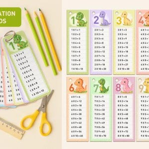 May include: Colorful multiplication table cards with dinosaur illustrations, pencils, scissors, and a ruler. The cards display multiplication facts from 1x1 to 10x10. The text "MULTIPLICATION TABLE CARDS" is visible. The image includes a pencil sharpener.