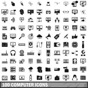 May include: A collection of 100 black and white computer icons, including images of laptops, monitors, and various computer-related symbols. The text "100 COMPUTER ICONS" is displayed at the bottom of the image.