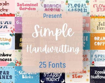 May include: A collection of 25 fonts with various styles, including "Apple Cider," "Botanical Garden," and "Star Blinks." The image features a soft pink background with the words "Simple Handwriting" in a cursive font.
