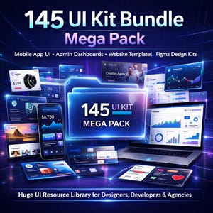 145 UI Kit Bundle Mega Pack / Kit UI Figma, interfaccia utente per app mobili, dashboard di amministrazione, modelli di siti Web, pacchetto di progettazione UX