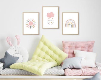 Muurkunstprints aquarel kinderkamer: zon, regenboog, wolk (digitale download)