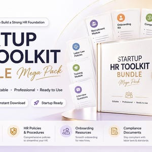 May include: A white binder labeled Startup HR Toolkit Bundle Mega Pack, surrounded by multiple cards featuring HR module icons and titles like Recruitment Module, Onboarding Kit, Compensation, and Performance Management, with text detailing 20 HR modules.