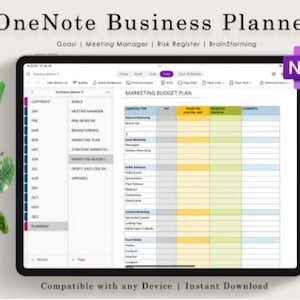 Könnte beinhalten: Ein digitaler Businessplaner, der auf einem Tablet angezeigt wird. Der Bildschirm zeigt einen Marketingbudgetplan mit verschiedenen Kategorien und Spalten. Der Text "OneNote Business Planner" steht oben, mit zusätzlichem Text darunter. Links ist eine grüne Pflanze.