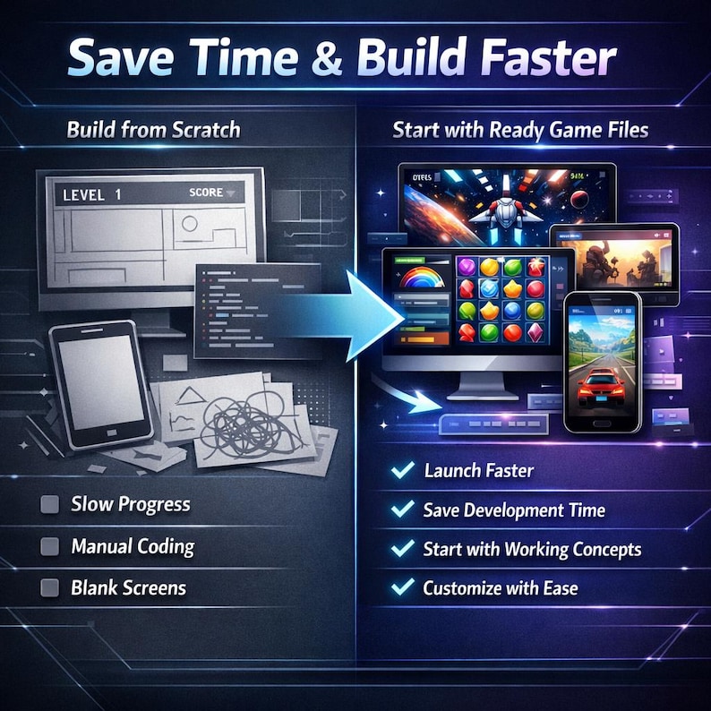 May include: A comparison graphic titled Save Time & Build Faster. The left side shows manual coding with blank screens and slow progress. An arrow points to the right side, displaying ready game files, finished game interfaces, and mobile devices.