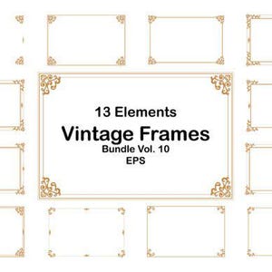 Op de afbeelding: Een verzameling van 13 vintage frame-elementen. De frames hebben een gouden rand met decoratieve hoekaccenten. De tekst "Vintage Frames" en "Bundle Vol. 10" staan in het midden.