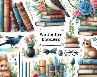 Watercolor Book Borders Clipart Bundle: Floral Frames (PNG JPG)