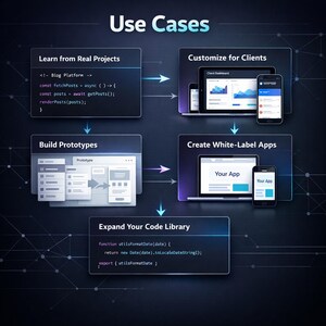 K&ouml;nnte beinhalten: Eine Infografik mit dem Titel &bdquo;Anwendungsf&auml;lle&ldquo; zeigt Beispiele f&uuml;r Softwareentwicklungsanwendungen. Die Beispiele umfassen das Lernen aus realen Projekten, die Anpassung f&uuml;r Kunden, das Erstellen von Prototypen und das Erstellen von White-Label-Apps. Code-Ausschnitte und Ger&auml;te-Mockups werden angezeigt.