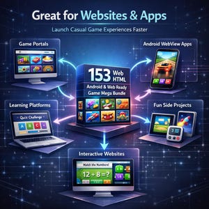 May include: A digital product display featuring a central box labelled 153 Web HTML Android & Web Ready Game Mega Bundle, surrounded by screens showing game portals, Android WebView apps, learning platforms, fun side projects, and interactive websites.