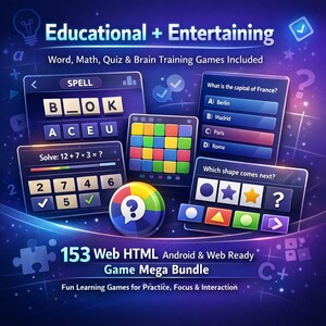 May include: A digital game bundle featuring 153 HTML web and Android-ready educational games. The display shows various interfaces including word spelling, maths equations, colour matching grids, trivia questions, and shape pattern recognition puzzles.