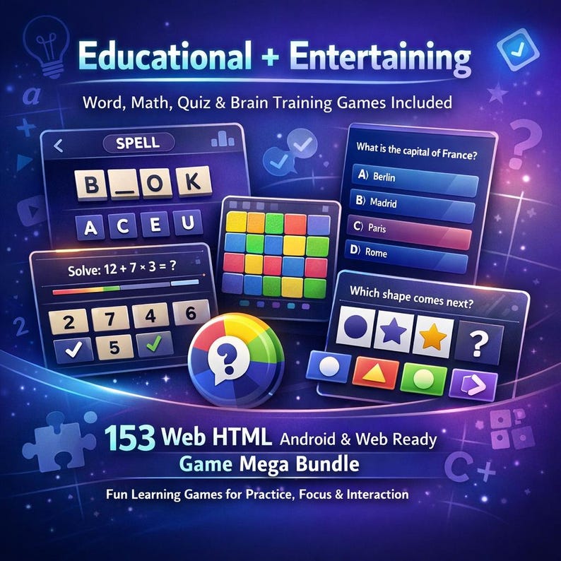 May include: A digital game bundle featuring 153 HTML web and Android-ready educational games. The display shows various interfaces including word spelling, maths equations, colour matching grids, trivia questions, and shape pattern recognition puzzles.